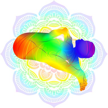 Colorful silhouette of woman practicing Supta Samakonasana yoga pose. Supine Straddle pose or Reclining Straddle pose.Isolated vector illustration clipart