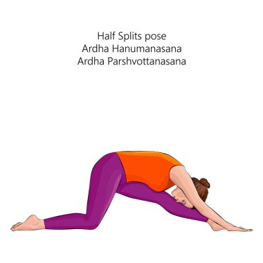 Ardha Hanumanasana yoga pozu veren kadın. Yarı yarıya bölünmüş poz ya da yarı ilahi maymun pozu. Orta halli zorluk. İzole vektör illüstrasyonu.