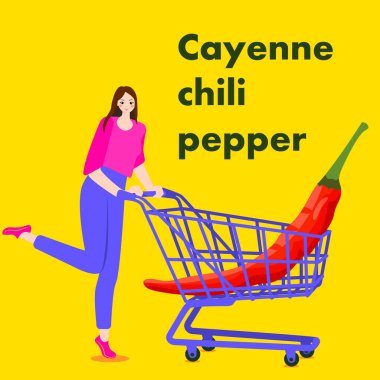 A woman holds cart with Cayenne pepper or Ginnie pepper. Chili peppers. Isolated vector illustration. clipart