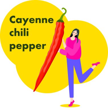 Bir kadın Cayenne biberi ya da Ginnie biberi tutuyor. Chili biberleri. İzole vektör illüstrasyonu.