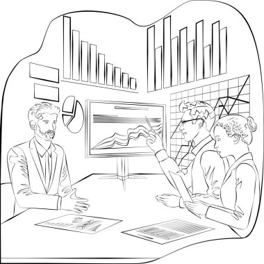 Bir grup insan, karar verme sürecindeki sorunları tespit etmek ve anlamak için paydaşlarla görüşmeler yapıyor. Robot resim. Vektör illüstrasyonu.