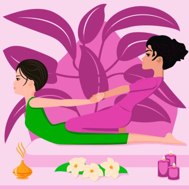 Tayland masajı. SPA 'da profesyonel terapist tarafından tedavi ve terapi. İzole edilmiş düz vektör çizimi. Hindistan ve Asya kökenli.