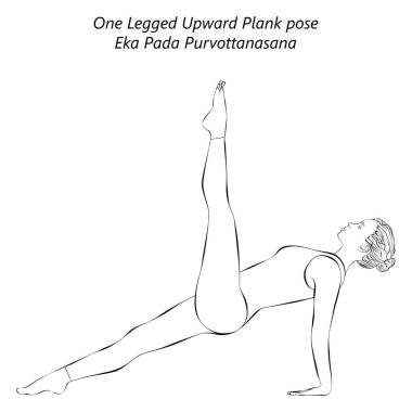 Eka Pada Purvottanasana yoga pozu veren genç bir kadının çizimi. Bir Ayaklı Yukarı Plank pozu. İzole vektör illüstrasyonu.