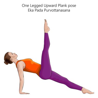 Eka Pada Purvottanasana yoga pozu veren genç bir kadın. Bir Ayaklı Yukarı Plank pozu. Orta halli zorluk. İzole vektör illüstrasyonu.