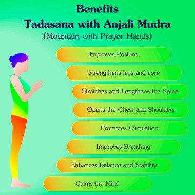 Tadasana ya da Pranamasana yoga pozu çalışmanın faydaları. Duacı elli dağ pozu. Acemi zorluğu. İzole vektör illüstrasyonu.