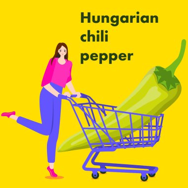 A woman holds cart with Hungarian chili peppers. Hot Wax peppers. Chile peppers. Isolated vector illustration. clipart