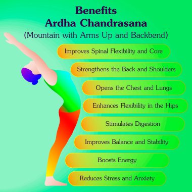 Ardha Chandrasana yoga pozu çalışmanın faydaları. Arms Up ve Backbend pozlu bir dağ. Acemi zorluğu. İzole vektör illüstrasyonu.