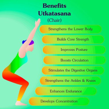 Utkatasana yoga pozu çalışmanın faydaları. Sandalye pozu ya da vahşi poz. Acemi zorluğu. İzole vektör illüstrasyonu.