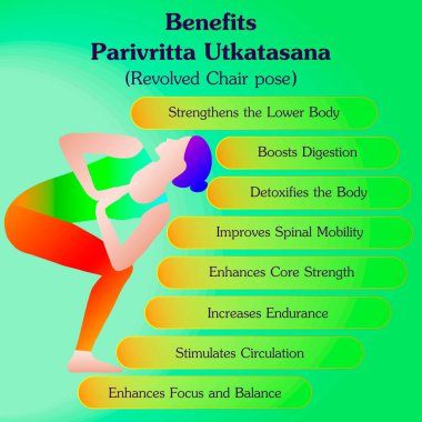 Parivritta Utkatasana yoga pozunun faydaları. Döndürülmüş Sandalye pozu. Acemi zorluğu. İzole vektör illüstrasyonu.