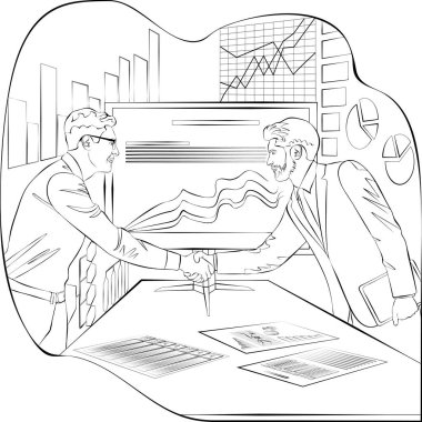 İş adamları ofiste tokalaşırken. Başarılı bir iş ve finansal anlaşma. Takım çalışması tasarım konsepti. Robot resim. Vektör illüstrasyonu.