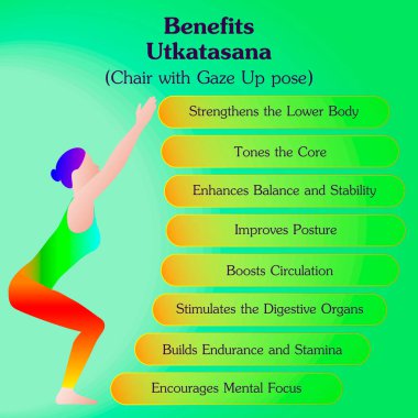 Utkatasana yoga pozu çalışmanın faydaları. Dik Duruşlu Sandalye. Acemi zorluğu. İzole vektör illüstrasyonu.