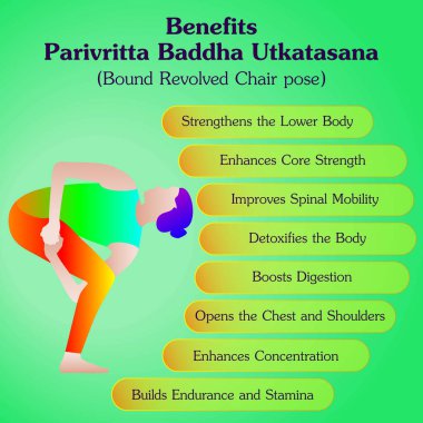 Parivritta Baddha Utkatasana yoga pozunun faydaları. Zincirli Sandalye pozu. Orta halli zorluk. İzole vektör illüstrasyonu.