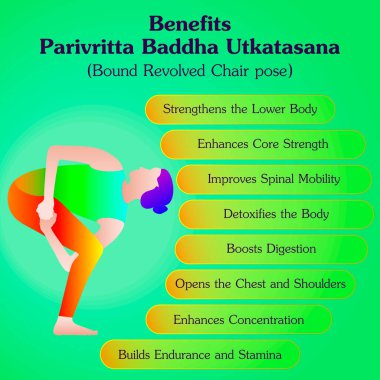 Benefits of practicing Parivritta Baddha Utkatasana yoga pose. Bound Revolved Chair pose. Intermediate Difficulty. Isolated vector illustration. clipart