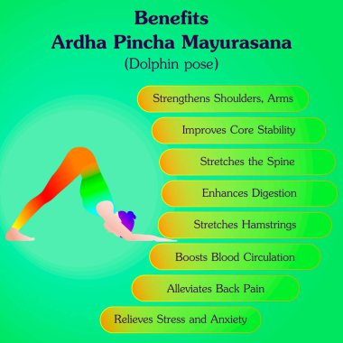 Ardha Pincha Mayurasana yoga pozu çalışmanın faydaları. Yunus pozu ya da Turbo Dog pozu. Shishulasana. İzole vektör illüstrasyonu