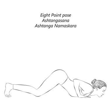 Ashtangasana yoga pozu veren kadın çizimi. Sekiz Noktalı Poz ya da Göğüs ve Çene pozu. Ashtanga Namaskara. İzole vektör illüstrasyonu.