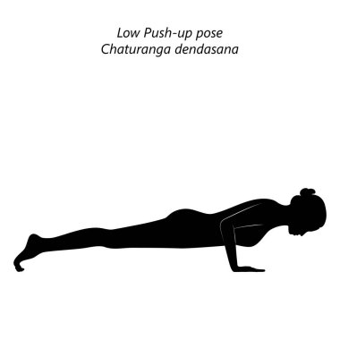 Chaturanga dandasana yoga pozu veren bir kadın silueti. Düşük Plank pozu ya da düşük şınav pozu. İzole vektör illüstrasyonu