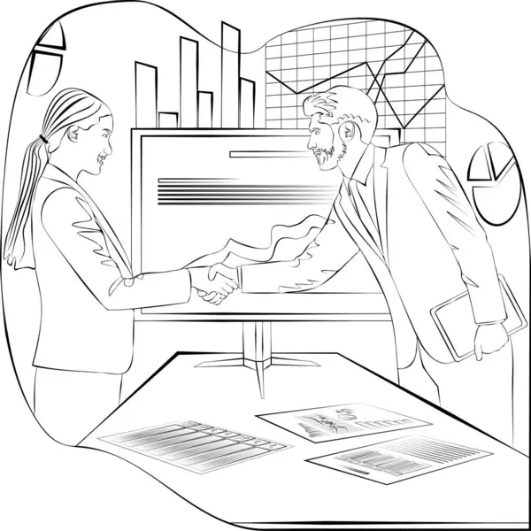 Erkek ve kadın ofiste tokalaşırken. Başarılı bir iş ve finansal anlaşma. Takım çalışması tasarım konsepti. Robot resim. Vektör illüstrasyonu.