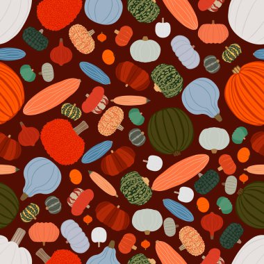 Farklı tipte kabak kabaklarıyla kusursuz desen. Cucurbita maxima. Cucurbitaceae. Sebzeler. İzole vektör çizimi. Düz biçim.