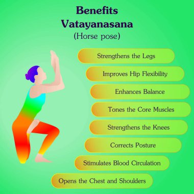 Vatayanasana yoga pozu çalışmanın faydaları. At yogası pozu ya da Uçan At pozu. İzole vektör illüstrasyonu