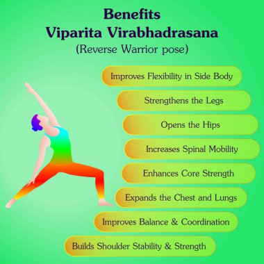Viparita Virabhadrasana yoga pozunun faydaları. Savaşçı yoga pozunu ters çevir. Orta halli zorluk. İzole vektör illüstrasyonu.