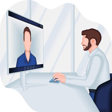 İş adamı, hissedarlarla iş görüşmesi, büyüme stratejileri ve her kararda kendine güvenle konuşuyor. 2B vektör illüstrasyonu.