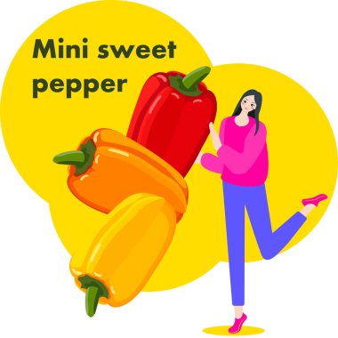 Bir kadın kırmızı, sarı, turuncu mini tatlı biber ve izole vektör illüstrasyonunu elinde tutar..