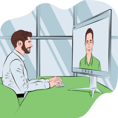 İş adamı, hissedarlarla iş görüşmesi, büyüme stratejileri ve her kararda kendine güvenle konuşuyor. Taslak vektör illüstrasyonu.