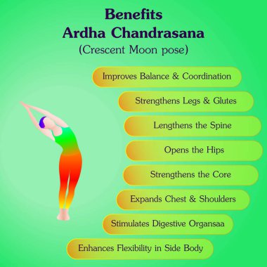 Ardha Chandrasana yoga pozu çalışmanın faydaları. Hilal ayı yoga pozu. Nitambasana. Orta halli zorluk. İzole vektör illüstrasyonu.