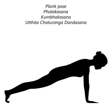 Phalakasana yoga pozu veren bir kadın silueti. Plank yoga pozu. Kumbhakasana pozu. Orta halli zorluk. İzole vektör illüstrasyonu