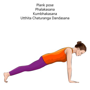 Phalakasana yoga pozu veren genç bir kadın. Plank yoga pozu. Kumbhakasana pozu. Orta halli zorluk. İzole vektör illüstrasyonu.