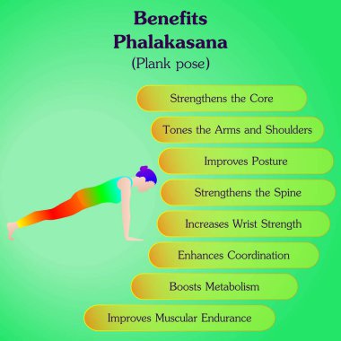Phalakasana yoga pozunun faydaları. Plank yoga pozu. Kumbhakasana pozu. Orta halli zorluk. İzole vektör illüstrasyonu