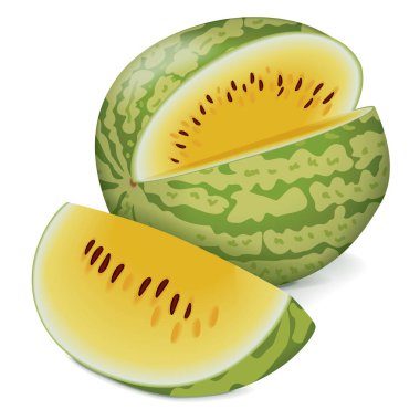 Tam ve doğranmış Sarı Bebek Karpuzu. Citrullus lanatus. Meyve ve sebze. İzole vektör illüstrasyonu.