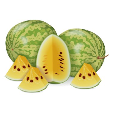Tam ve doğranmış Sarı Bebek Karpuzu. Citrullus lanatus. Meyve ve sebze. İzole vektör illüstrasyonu.