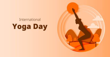 Uluslararası Yoga Günü. Yatay şablon. Utkatasana ya da sandalye pozu. Kağıt kesiği tasarımı. İzole vektör illüstrasyonu.