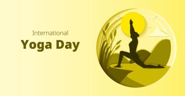 Uluslararası Yoga Günü. Yatay şablon. Anjaneyasana pozu. Diz pozunda hilal hamlesi. Kağıt kesiği tasarımı. İzole vektör illüstrasyonu.