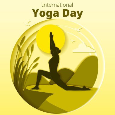Uluslararası Yoga Günü. Kare şablon. Anjaneyasana pozu. Diz pozunda hilal hamlesi. Kağıt kesiği tasarımı. İzole vektör illüstrasyonu