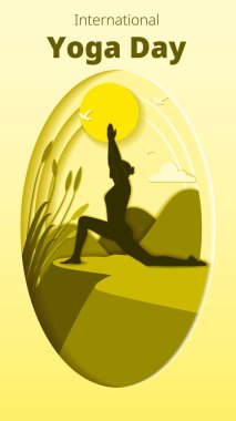 Uluslararası Yoga Günü. Dikey şablon. Anjaneyasana pozu. Diz pozunda hilal hamlesi. Kağıt kesiği tasarımı. İzole vektör illüstrasyonu