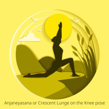 Uluslararası Yoga Günü. Anjaneyasana pozu. Diz pozunda hilal hamlesi. Kağıt kesiği tasarımı. İzole vektör illüstrasyonu.