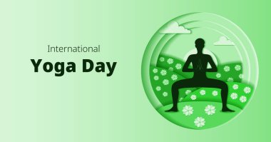 Uluslararası Yoga Günü. Yatay şablon. Utkata Konasana pozu. Tanrıça pozu. Kağıt kesiği tasarımı. İzole vektör illüstrasyonu.