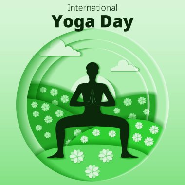 Uluslararası Yoga Günü. Kare şablon. Utkata Konasana pozu. Tanrıça pozu. Kağıt kesiği tasarımı. İzole vektör illüstrasyonu