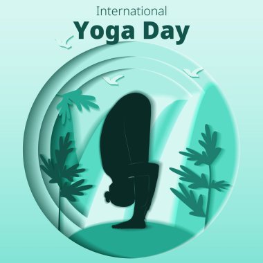 Uluslararası Yoga Günü. Kare şablon. Uttanasana pozu. Öne doğru eğil pozu. Kağıt kesiği tasarımı. İzole vektör illüstrasyonu