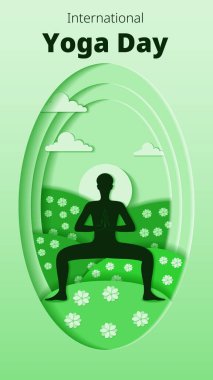 Uluslararası Yoga Günü. Dikey şablon. Utkata Konasana pozu. Tanrıça pozu. Kağıt kesiği tasarımı. İzole vektör illüstrasyonu