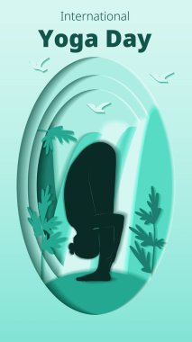 Uluslararası Yoga Günü. Dikey şablon. Uttanasana pozu. Öne doğru eğil pozu. Kağıt kesiği tasarımı. İzole vektör illüstrasyonu