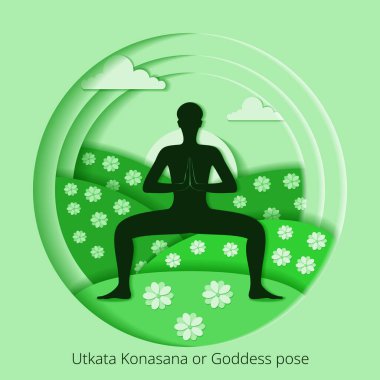 Uluslararası Yoga Günü. Utkata Konasana pozu. Tanrıça pozu. Kağıt kesiği tasarımı. İzole vektör illüstrasyonu.
