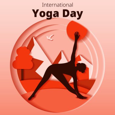 Uluslararası Yoga Günü. Kare şablon. Trikonasana pozu. Üçgen pozisyonu. Kağıt kesiği tasarımı. İzole vektör illüstrasyonu