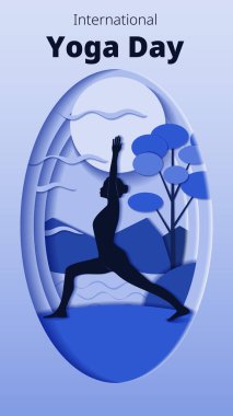 Uluslararası Yoga Günü. Dikey şablon. Virabhadrasana pozu. Savaşçı pozu. Kağıt kesiği tasarımı. İzole vektör illüstrasyonu