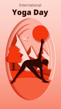 Uluslararası Yoga Günü. Dikey şablon. Trikonasana pozu. Üçgen pozisyonu. Kağıt kesiği tasarımı. İzole vektör illüstrasyonu