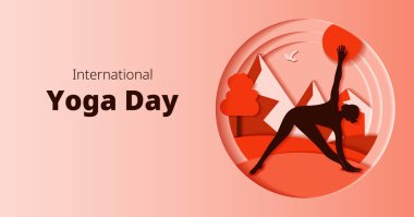 Uluslararası Yoga Günü. Yatay şablon. Trikonasana pozu. Üçgen pozisyonu. Kağıt kesiği tasarımı. İzole vektör illüstrasyonu.