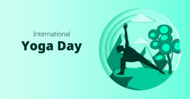 Uluslararası Yoga Günü. Yatay şablon. Parshvakonasana pozu. Yan açılı poz. Kağıt kesiği tasarımı. İzole vektör illüstrasyonu.