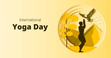Uluslararası Yoga Günü. Yatay şablon. Garudasana pozu. Kartal pozisyonu. Kağıt kesiği tasarımı. İzole vektör illüstrasyonu.